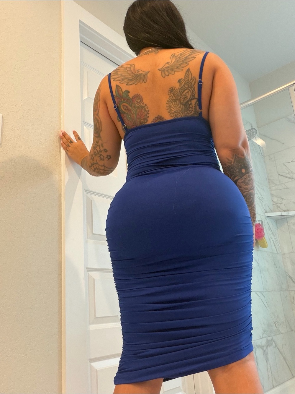 Women’s Royal Blue Bodycon Midi Dress - Spaghetti Strap